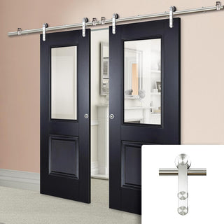 Image: Saturn Tubular Stainless Steel Sliding Track & Arnhem Black Primed Double Door - Clear Glass - Unfinished