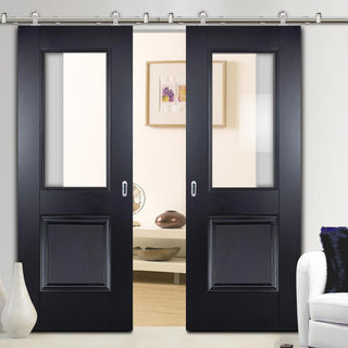 Image: Sirius Tubular Stainless Steel Sliding Track & Arnhem Black Primed Double Door - Clear Glass - Unfinished