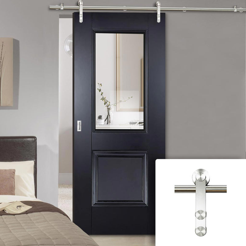 Saturn Tubular Stainless Steel Sliding Track & Arnhem Black Primed Door - Clear Glass - Unfinished