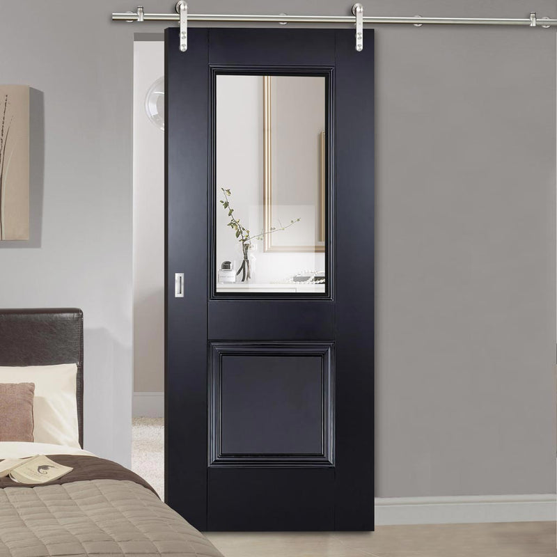 Saturn Tubular Stainless Steel Sliding Track & Arnhem Black Primed Door - Clear Glass - Unfinished