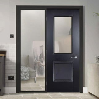 Image: ThruEasi Black Room Divider - Arnhem Primed Clear Glass Unfinished Door with Full Glass Side