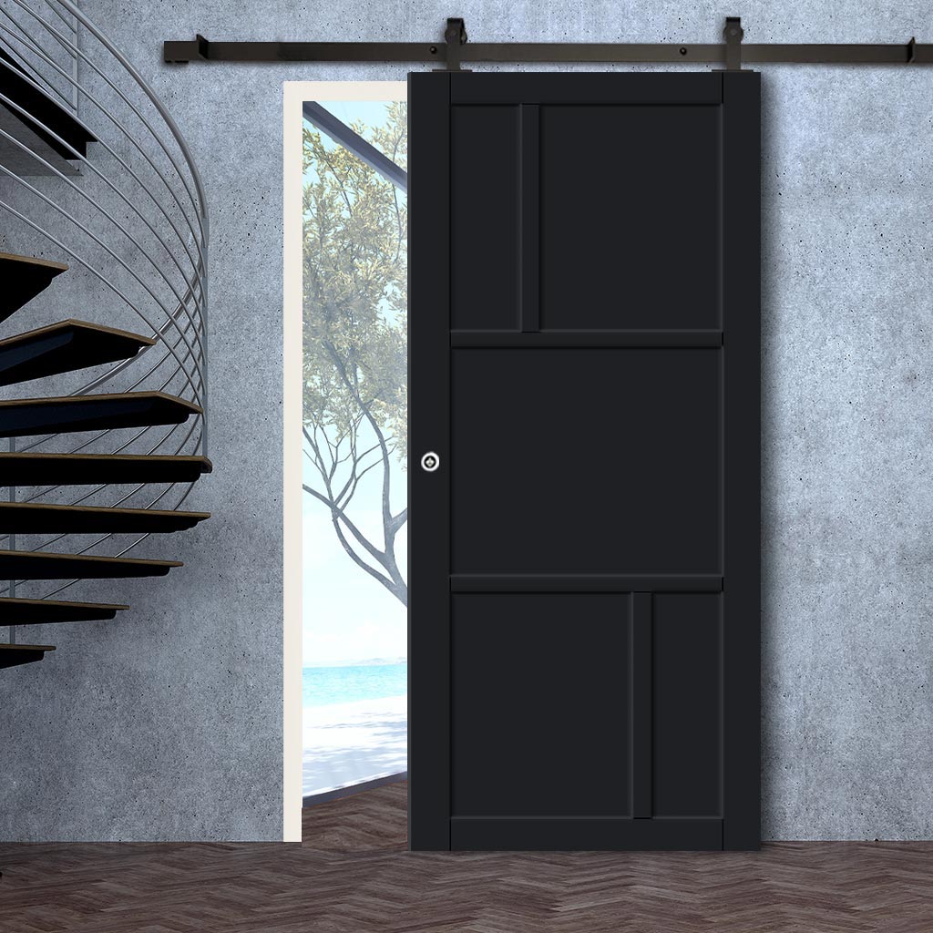 Top Mounted Black Sliding Track & Solid Wood Door - Eco-Urban® Arran 5 Panel Solid Wood Door DD6432 - Shadow Black Premium Primed