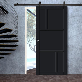 Image: Top Mounted Black Sliding Track & Solid Wood Door - Eco-Urban® Arran 5 Panel Solid Wood Door DD6432 - Shadow Black Premium Primed