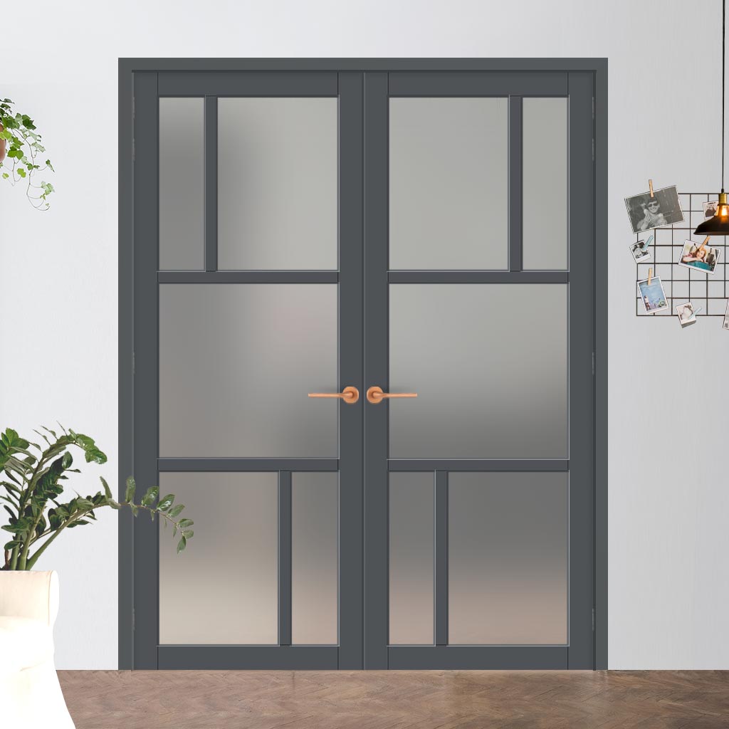 Handmade Eco-Urban Arran 5 Pane Door Pair DD6432SG Frosted Glass - Dark Grey Premium Primed