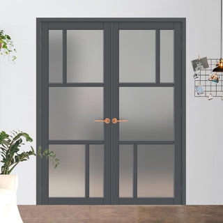 Image: Eco-Urban Arran 5 Pane Solid Wood Internal Door Pair UK Made DD6432SG Frosted Glass - Eco-Urban® Stormy Grey Premium Primed