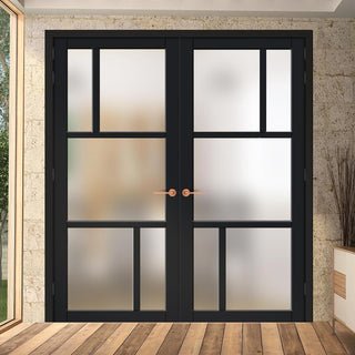 Image: Eco-Urban Arran 5 Pane Solid Wood Internal Door Pair UK Made DD6432SG Frosted Glass - Eco-Urban® Shadow Black Premium Primed