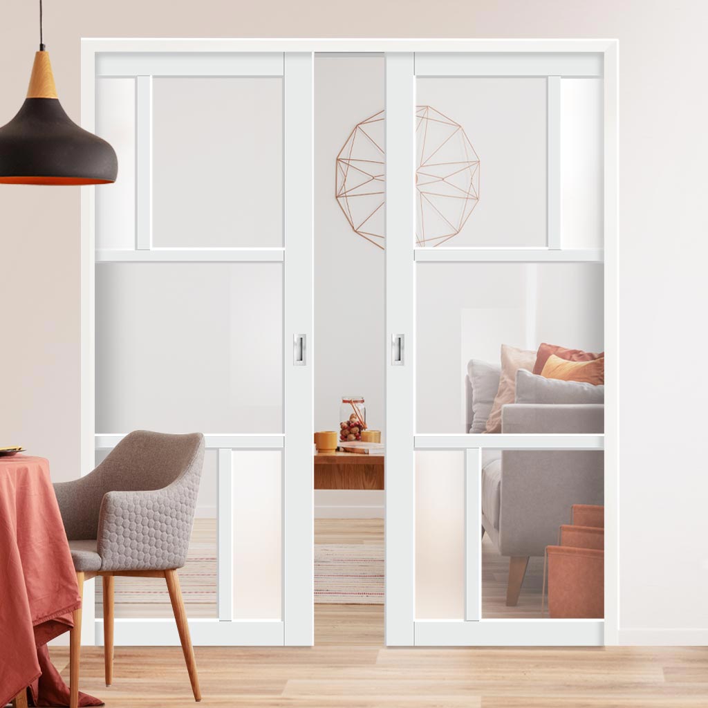 Handmade Eco-Urban® Arran 5 Pane Double Evokit Pocket Door DD6432G Clear Glass(2 FROSTED PANES) - Colour & Size Options