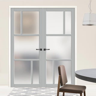 Image: Eco-Urban Arran 5 Pane Solid Wood Internal Door Pair UK Made DD6432SG Frosted Glass - Eco-Urban® Mist Grey Premium Primed