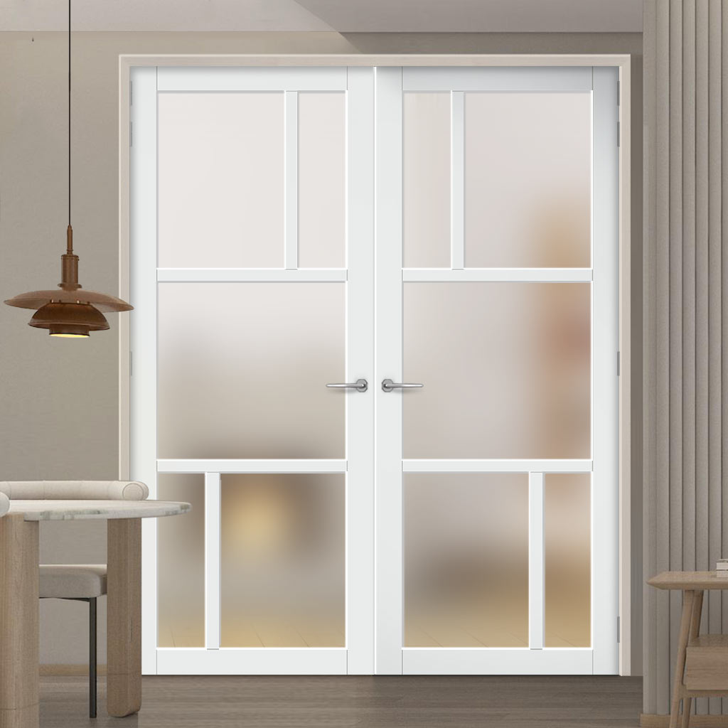 Eco-Urban Arran 5 Pane Solid Wood Internal Door Pair UK Made DD6432SG Frosted Glass - Eco-Urban® Cloud White Premium Primed