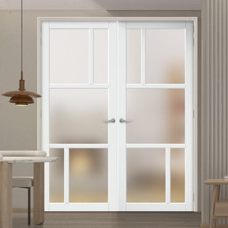 Image: Eco-Urban Arran 5 Pane Solid Wood Internal Door Pair UK Made DD6432SG Frosted Glass - Eco-Urban® Cloud White Premium Primed