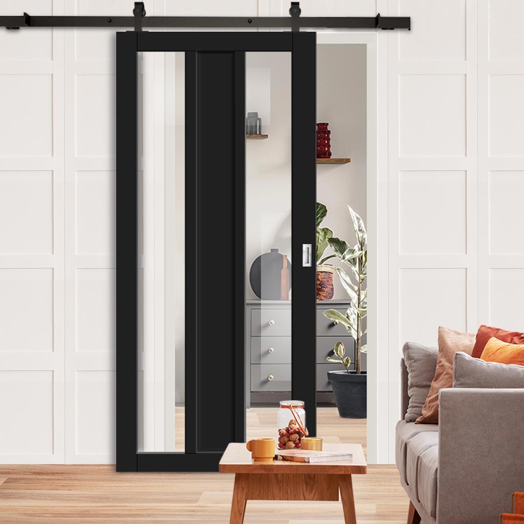 Top Mounted Black Sliding Track & Solid Wood Door - Eco-Urban® Avenue 2 Pane 1 Panel Solid Wood Door DD6410G Clear Glass - Shadow Black Premium Primed