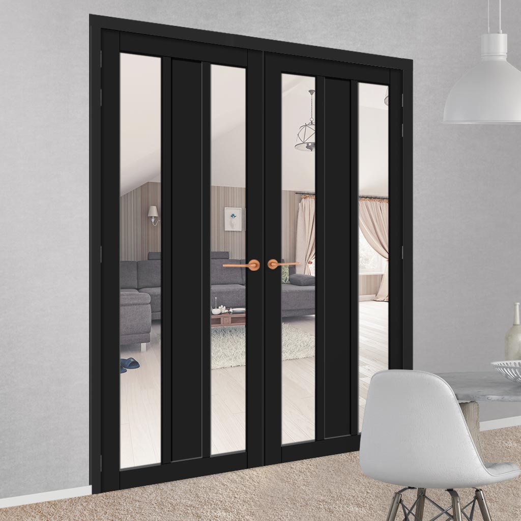 Eco-Urban Avenue 2 Pane 1 Panel Solid Wood Internal Door Pair UK Made DD6410G Clear Glass - Eco-Urban® Shadow Black Premium Primed