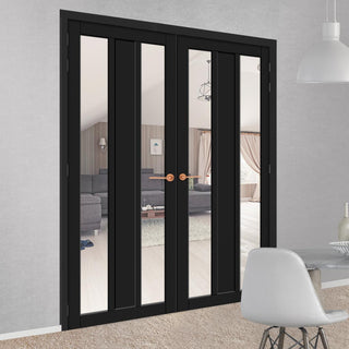 Image: Eco-Urban Avenue 2 Pane 1 Panel Solid Wood Internal Door Pair UK Made DD6410G Clear Glass - Eco-Urban® Shadow Black Premium Primed