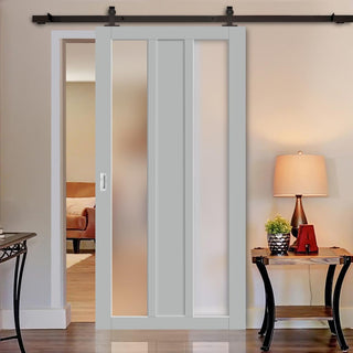 Image: Top Mounted Black Sliding Track & Solid Wood Door - Eco-Urban® Avenue 2 Pane 1 Panel Solid Wood Door DD6410SG Frosted Glass - Mist Grey Premium Primed