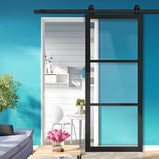 Image: Top Mounted Black Sliding Track & Solid Wood Door - Eco-Urban® Manchester 3 Pane Solid Wood Door DD6306G - Clear Glass - Shadow Black Premium Primed