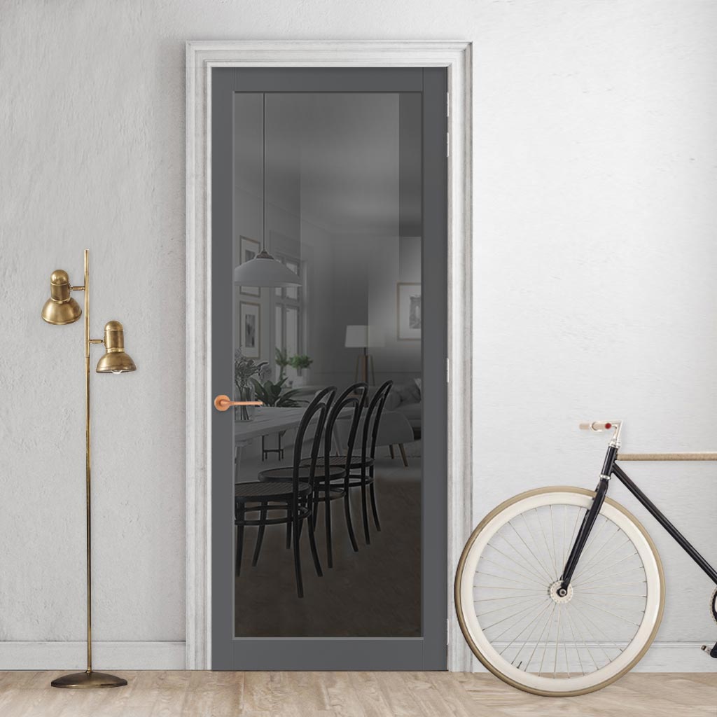 Baltimore 1 Pane Solid Wood Internal Door UK Made DD6301SG - Tinted Glass - Eco-Urban® Stormy Grey Premium Primed