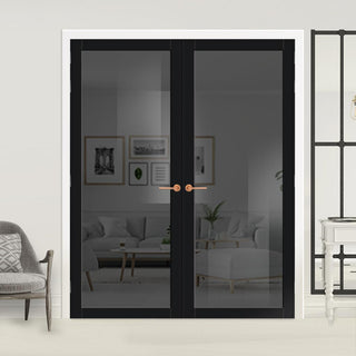 Image: Baltimore 1 Pane Solid Wood Internal Door Pair UK Made DD6301SG - Tinted Glass - Eco-Urban® Shadow Black Premium Primed