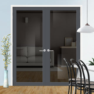 Image: Baltimore 1 Pane Solid Wood Internal Door Pair UK Made DD6301SG - Tinted Glass - Eco-Urban® Stormy Grey Premium Primed