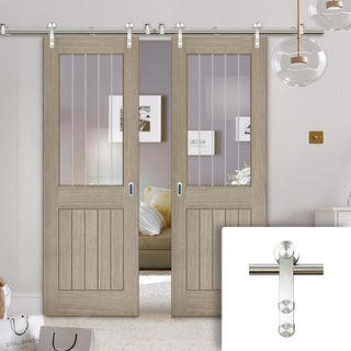 Image: Saturn Tubular Stainless Steel Sliding Track & Belize Light Grey Double Door  - Clear Glass Frosted Lines - Prefinished