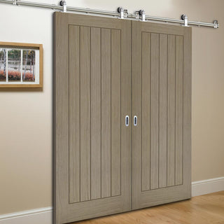 Image: Sirius Tubular Stainless Steel Sliding Track & Belize Light Grey Double Door - Prefinished