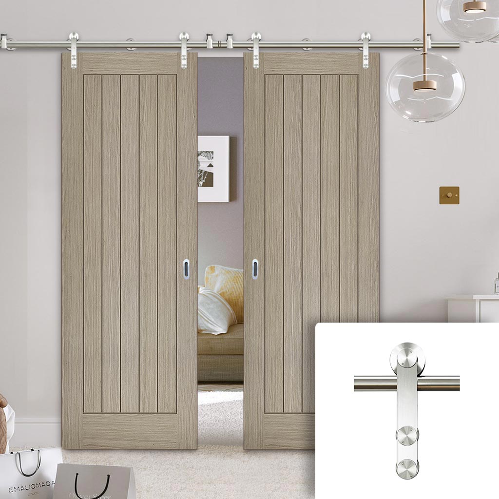 Saturn Tubular Stainless Steel Sliding Track & Belize Light Grey Double Door - Prefinished