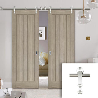 Image: Saturn Tubular Stainless Steel Sliding Track & Belize Light Grey Double Door - Prefinished