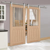 Saturn Tubular Stainless Steel Sliding Track & Belize Oak Double Door - Silkscreen Etched Clear Glass - Unfinished