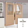 Saturn Tubular Stainless Steel Sliding Track & Belize Oak Double Door - Silkscreen Etched Clear Glass - Unfinished