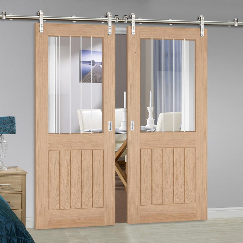 Saturn Tubular Stainless Steel Sliding Track & Belize Oak Double Door - Silkscreen Etched Glass - Prefinished