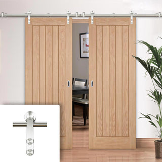 Image: Saturn Tubular Stainless Steel Sliding Track & Belize Oak Double Door - Unfinished