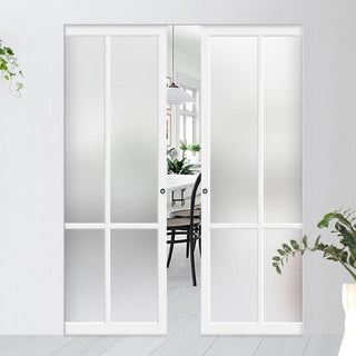Image: Bespoke Handmade Eco-Urban® Bronx 4 Pane Double Absolute Evokit Pocket Door DD6315SG - Frosted Glass - Colour Options