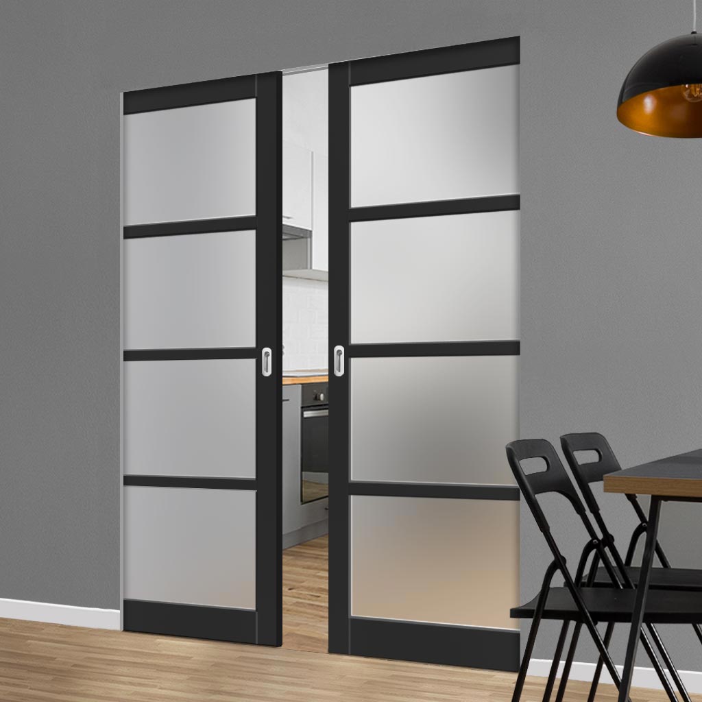 Bespoke Handmade Eco-Urban® Brooklyn 4 Pane Double Absolute Evokit Pocket Door DD6308SG - Frosted Glass - Colour Options