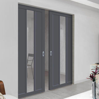 Image: Bespoke Handmade Eco-Urban® Cornwall 1 Pane 2 Panel Double Absolute Evokit Pocket Door DD6404G Clear Glass - Colour Options