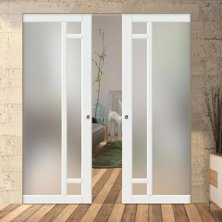 Image: Bespoke Handmade Eco-Urban® Suburban 4 Pane Double Absolute Evokit Pocket Door DD6411SG Frosted Glass - Colour Options