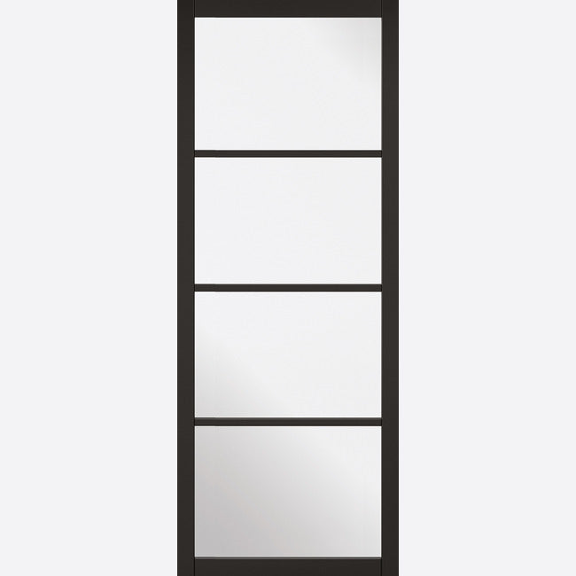 Top Mounted Black Sliding Track & Double Door - Soho 4 Pane Black Painted Doors - Clear Glass