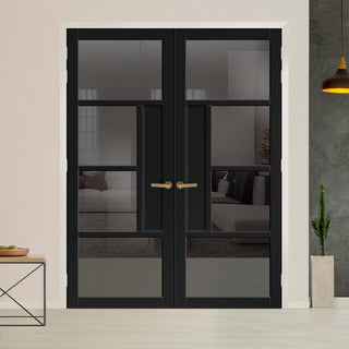 Image: Boston 4 Pane Solid Wood Internal Door Pair UK Made DD6311 - Tinted Glass - Eco-Urban® Shadow Black Premium Primed