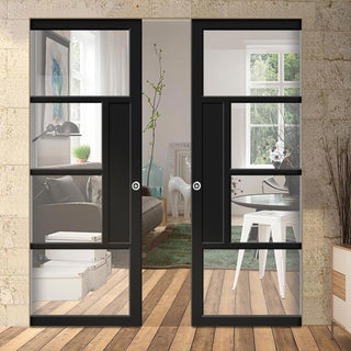 Image: Handmade Eco-Urban® Boston 4 Pane Double Absolute Evokit Pocket Door DD6311G - Clear Glass - Colour & Size Options