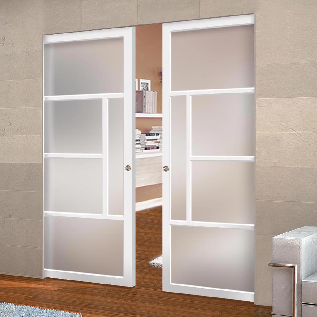Handmade Eco-Urban® Boston 4 Pane Double Absolute Evokit Pocket Door DD6311SG - Frosted Glass - Colour & Size Options