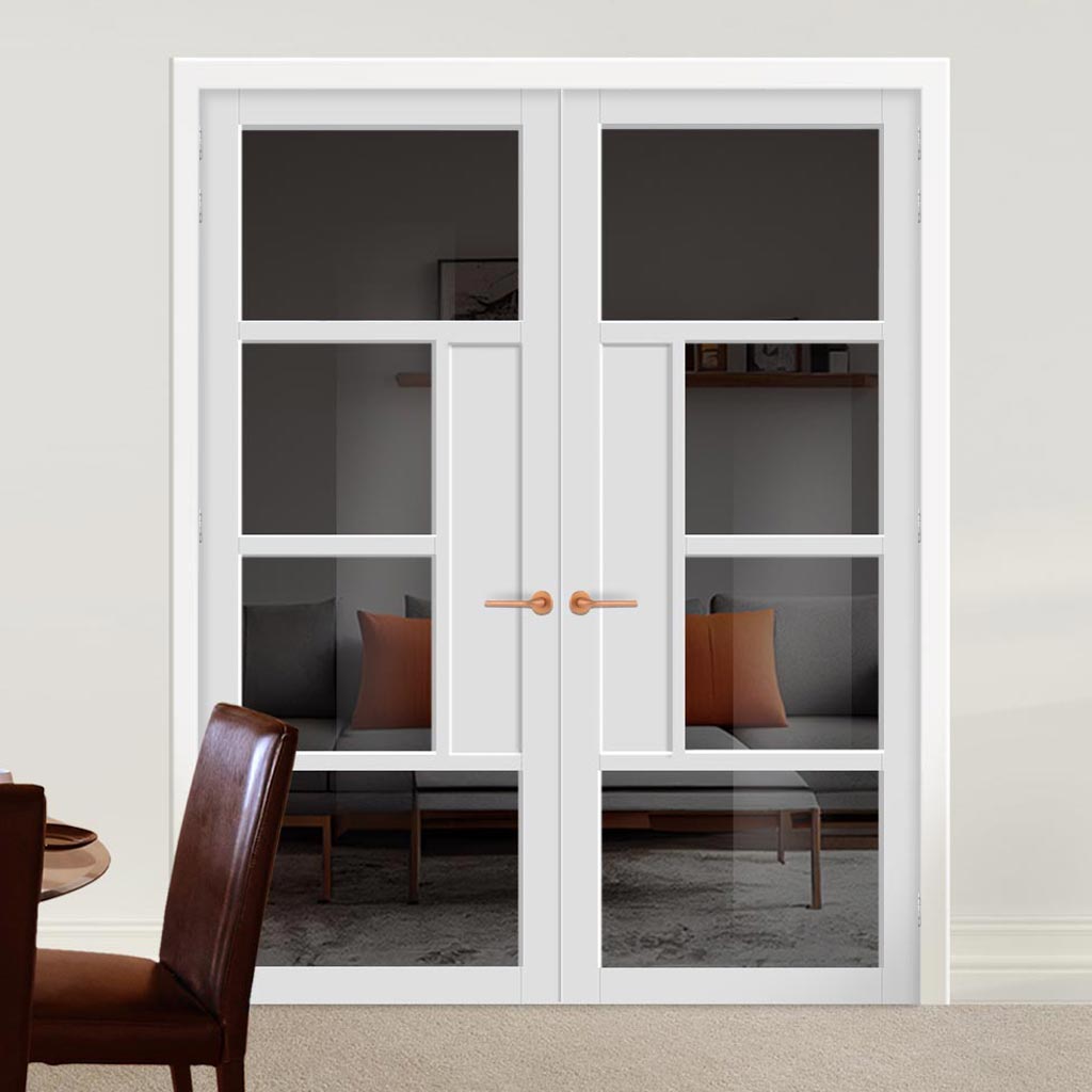 Boston 4 Pane Solid Wood Internal Door Pair UK Made DD6311 - Tinted Glass - Eco-Urban® Cloud White Premium Primed