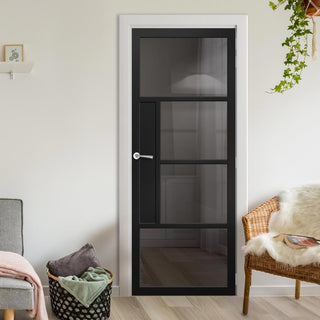 Image: Boston 4 Pane Solid Wood Internal Door UK Made DD6311 - Tinted Glass - Eco-Urban® Shadow Black Premium Primed