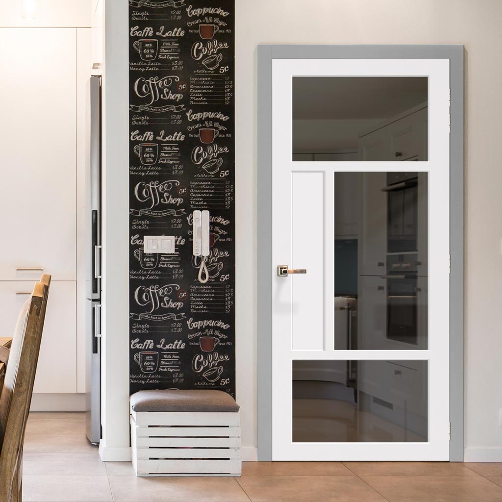 Boston 4 Pane Solid Wood Internal Door UK Made DD6311 - Tinted Glass - Eco-Urban® Cloud White Premium Primed