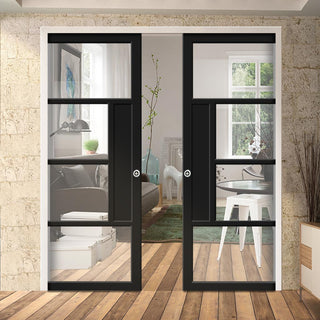 Image: Bespoke Handmade Eco-Urban® Boston 4 Pane Double Evokit Pocket Door DD6311G - Clear Glass - Colour Options