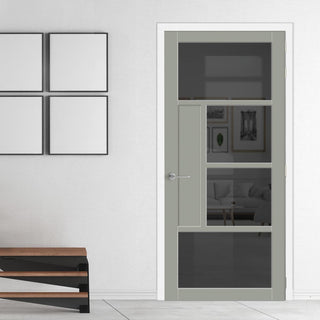 Image: Boston 4 Pane Solid Wood Internal Door UK Made DD6311 - Tinted Glass - Eco-Urban® Mist Grey Premium Primed