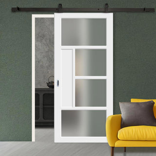Image: Top Mounted Black Sliding Track & Solid Wood Door - Eco-Urban® Boston 4 Pane Solid Wood Door DD6311SG - Frosted Glass - Cloud White Premium Primed