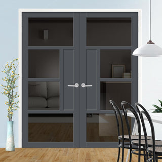 Image: Boston 4 Pane Solid Wood Internal Door Pair UK Made DD6311 - Tinted Glass - Eco-Urban® Stormy Grey Premium Primed