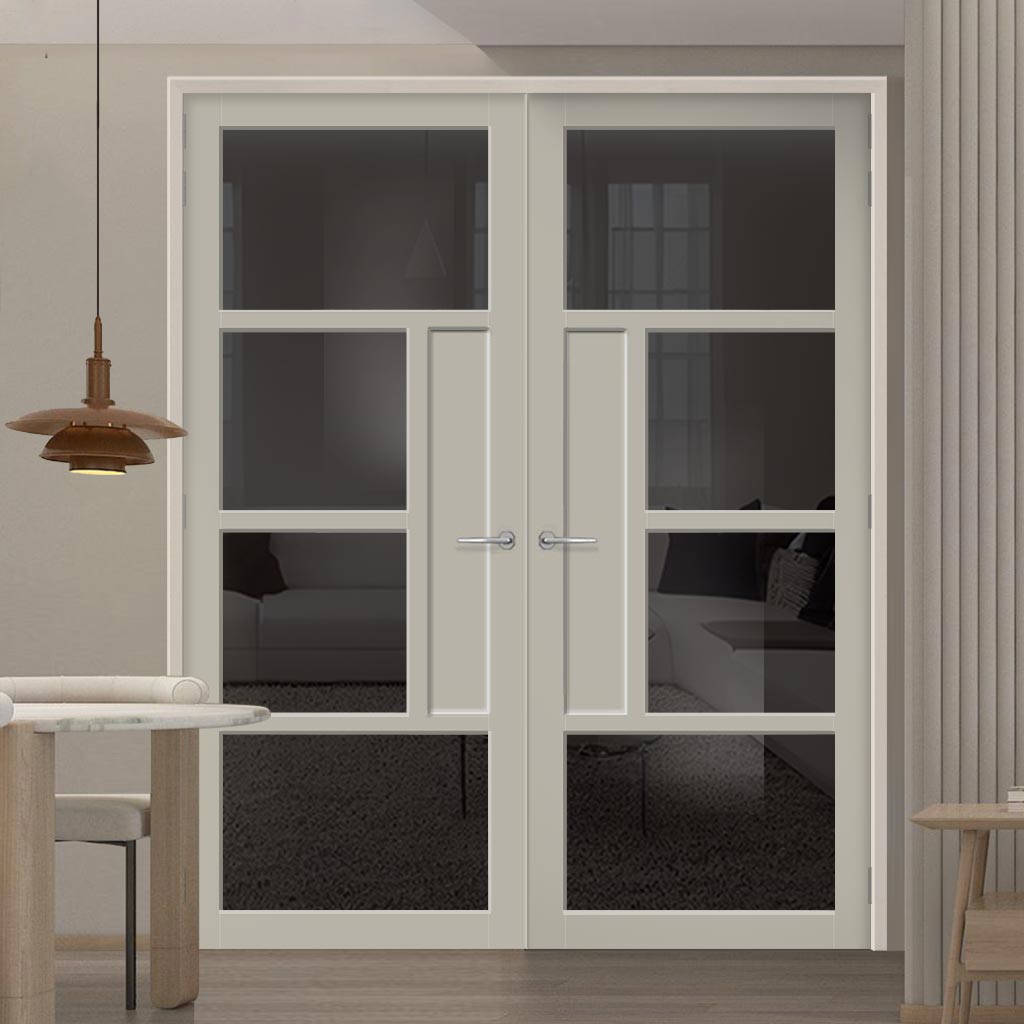 Boston 4 Pane Solid Wood Internal Door Pair UK Made DD6311 - Tinted Glass - Eco-Urban® Mist Grey Premium Primed