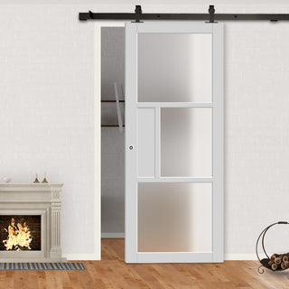 Image: Top Mounted Black Sliding Track & Solid Wood Door - Eco-Urban® Breda 3 Pane 1 Panel Solid Wood Door DD6439SG Frosted Glass - Cloud White Premium Primed