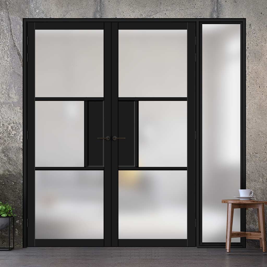 Bespoke Room Divider - Eco-Urban® Breda Eco-Urban® Door Pair DD6439F - Frosted Glass with Full Glass Side - Premium Primed - Colour & Size Options
