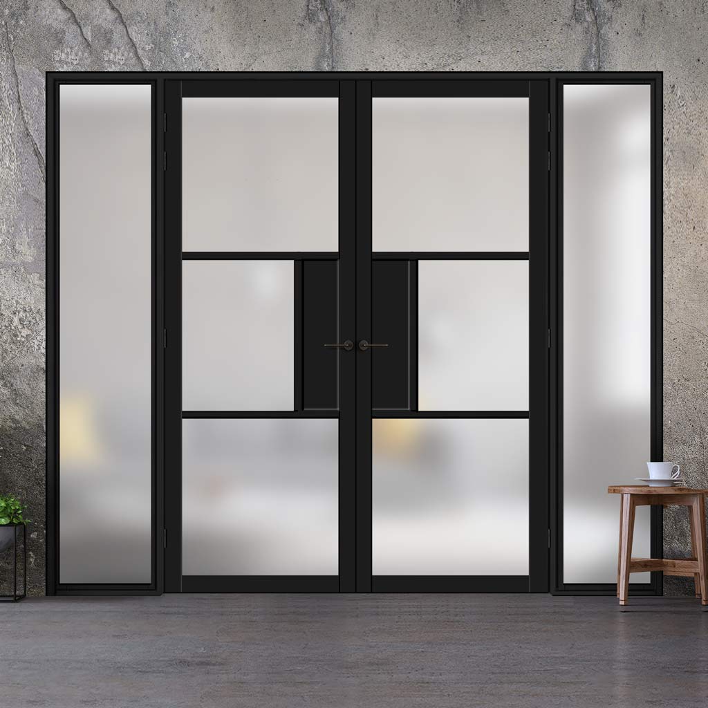 Bespoke Room Divider - Eco-Urban® Breda Door Pair DD6439F - Frosted Glass with Full Glass Sides - Premium Primed - Colour & Size Options
