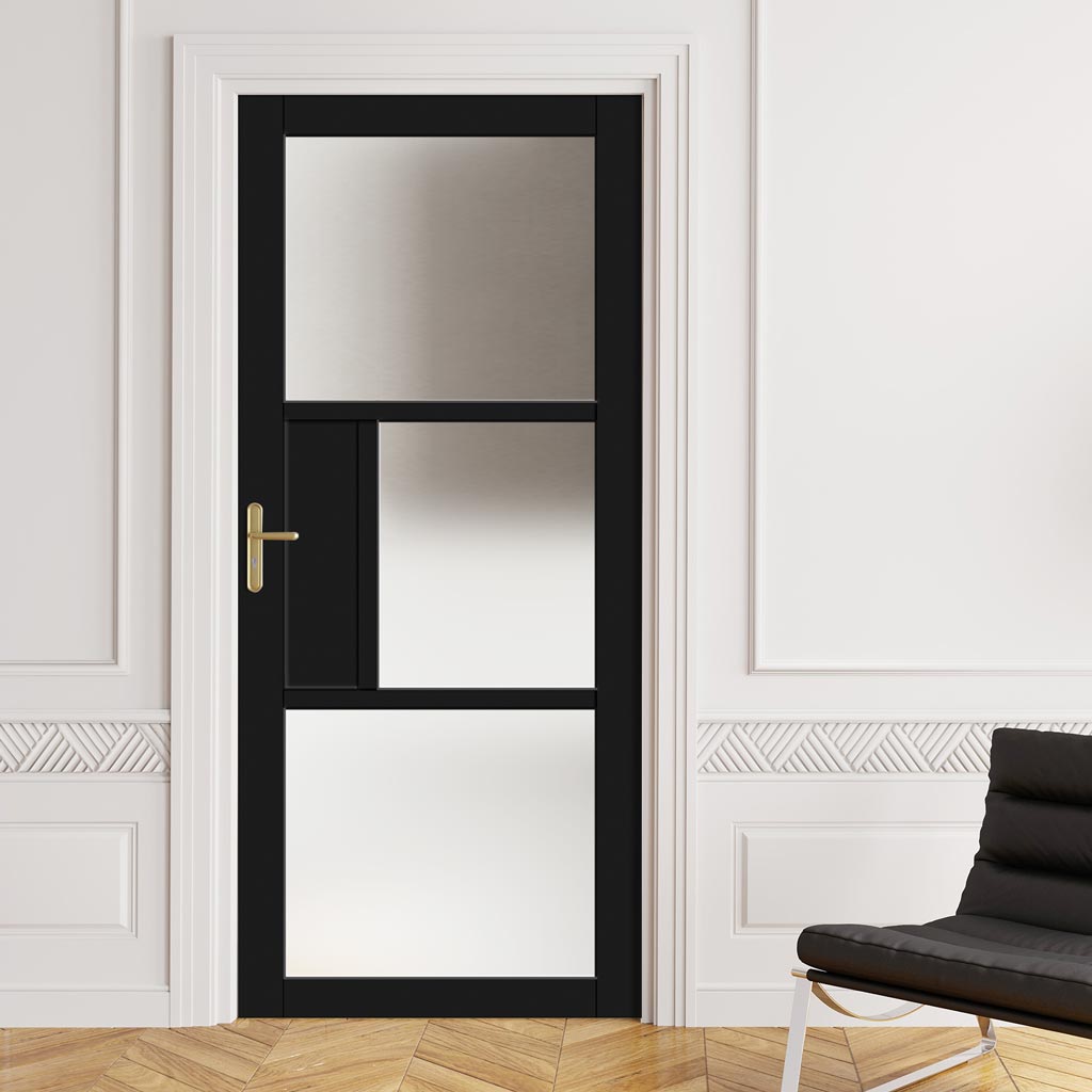 Breda 3 Pane 1 Panel Solid Wood Internal Door UK Made DD6439SG Frosted Glass - Eco-Urban® Shadow Black Premium Primed